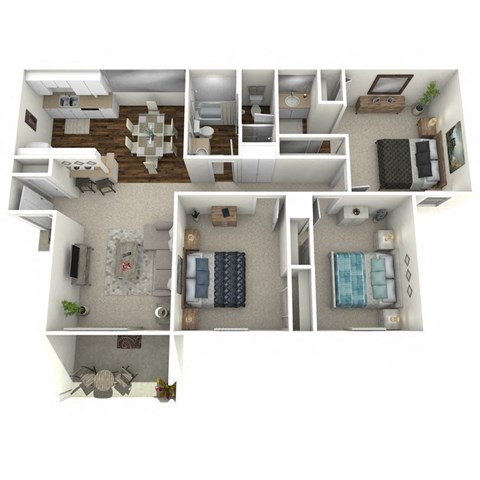 Floor plan for 3 beds, 2 baths, 1049 sqft